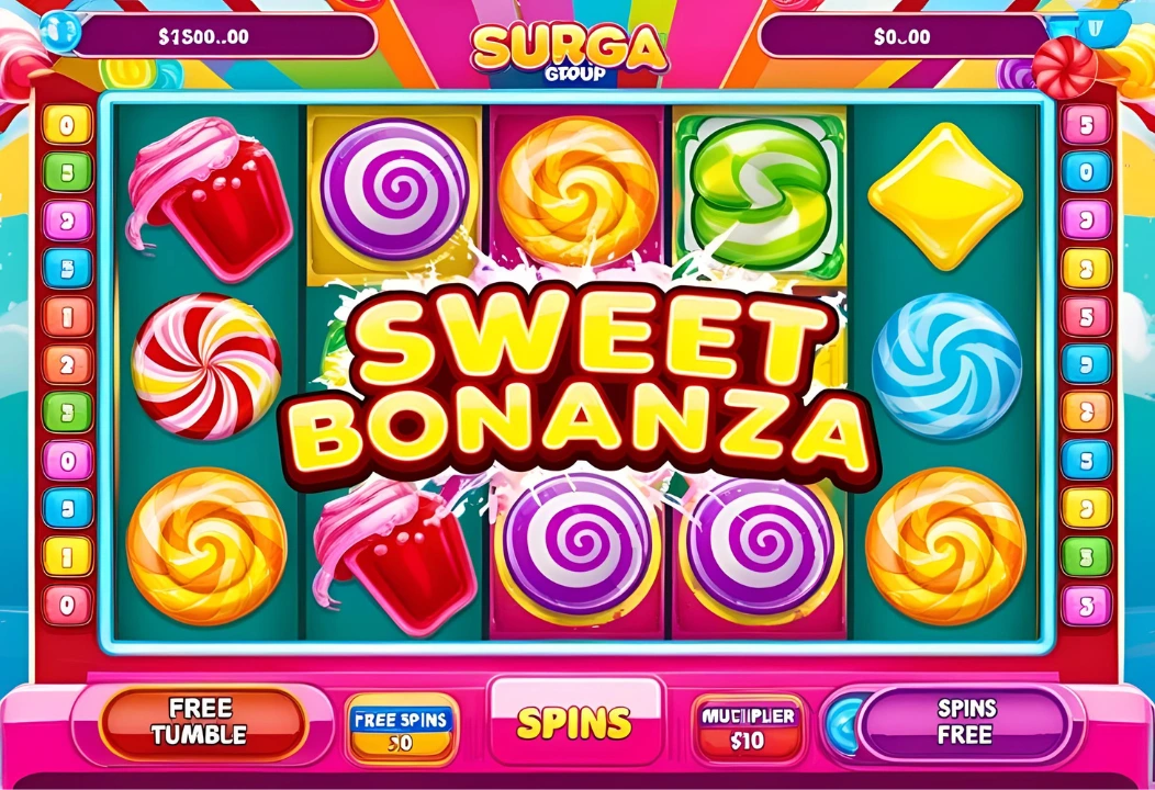 tampilan Sweet Bonanza di Surga Group dengan fitur multipliers dan free spins aktif.