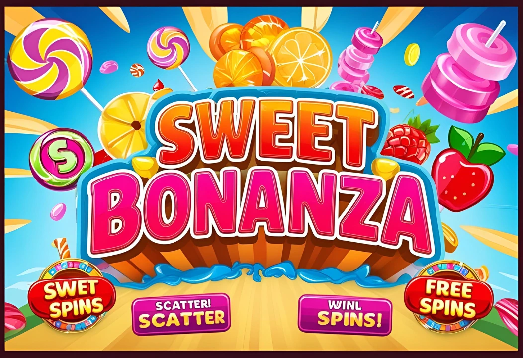 Ilustrasi permainan Sweet Bonanza dengan fitur scatter dan free spins di Surga Group.