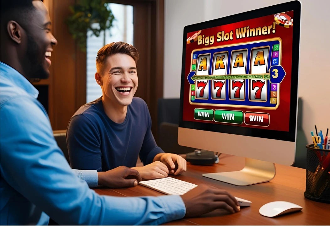 Pemain slot online meraih kemenangan besar di depan layar komputer.